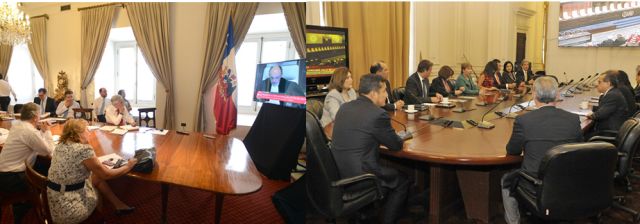 Presidentes Piñera y Humala con sus ministros durante lectura de fallo de La Haya / Fotos: Presidencias de Chile y Perú